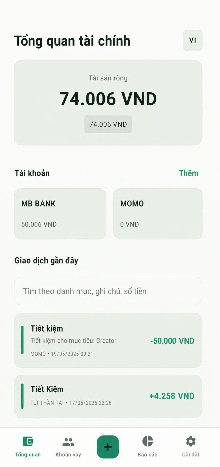 Màn hình tổng quan tài chính KAT Budget