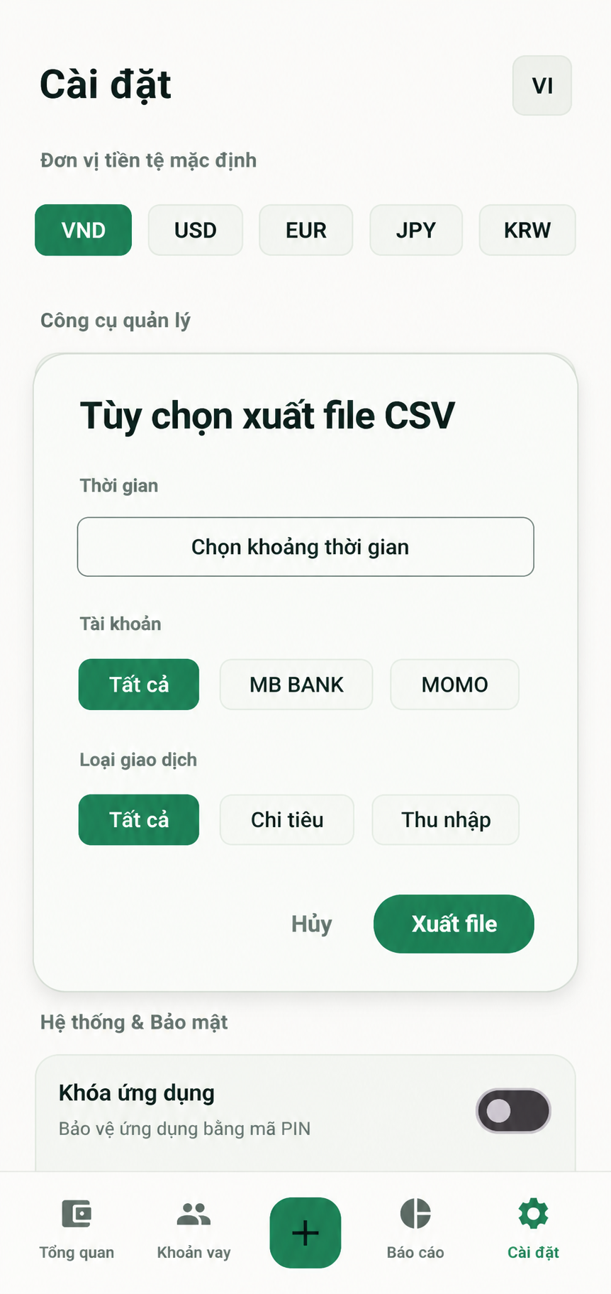 Bảng xuất file CSV KAT Budget