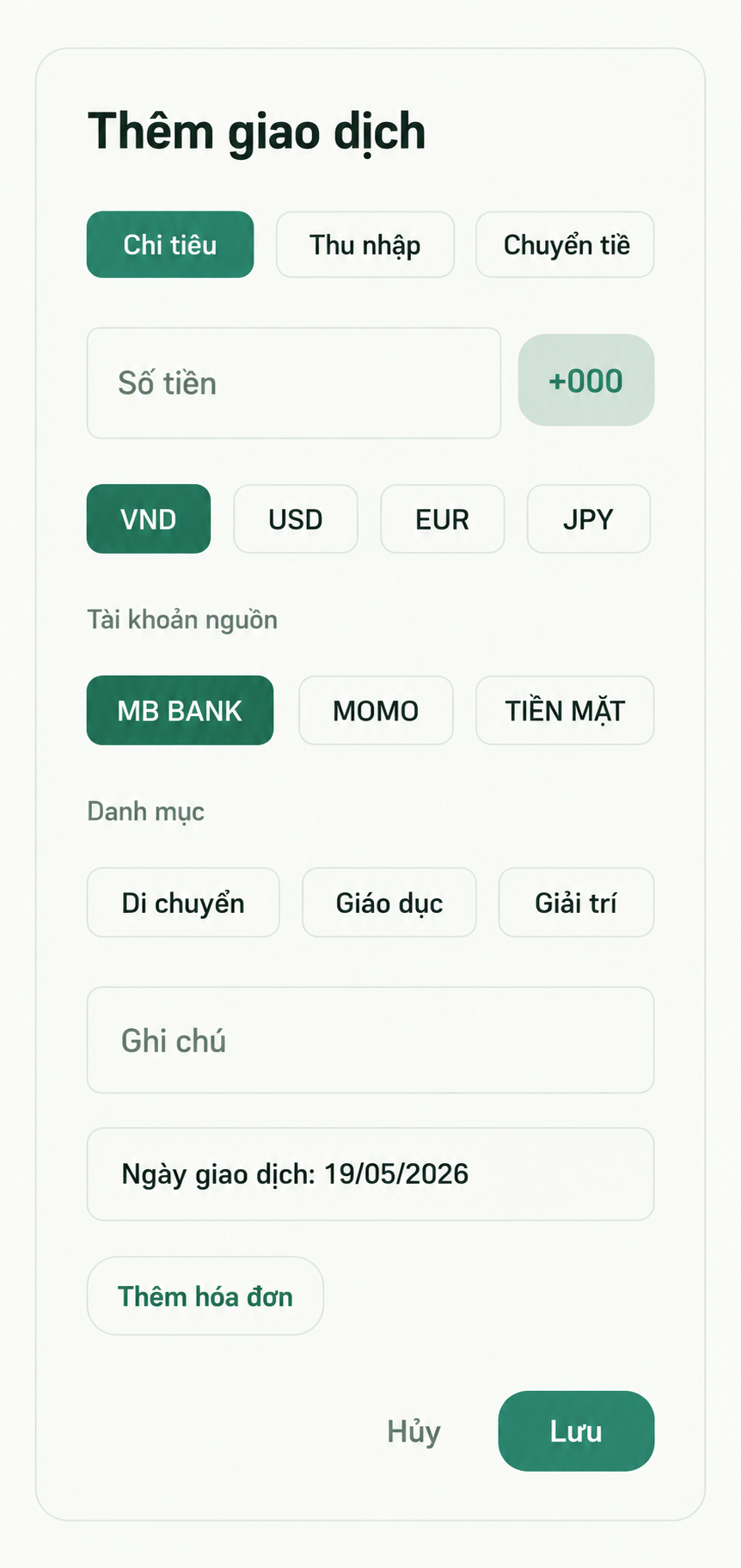 Bảng thêm giao dịch KAT Budget